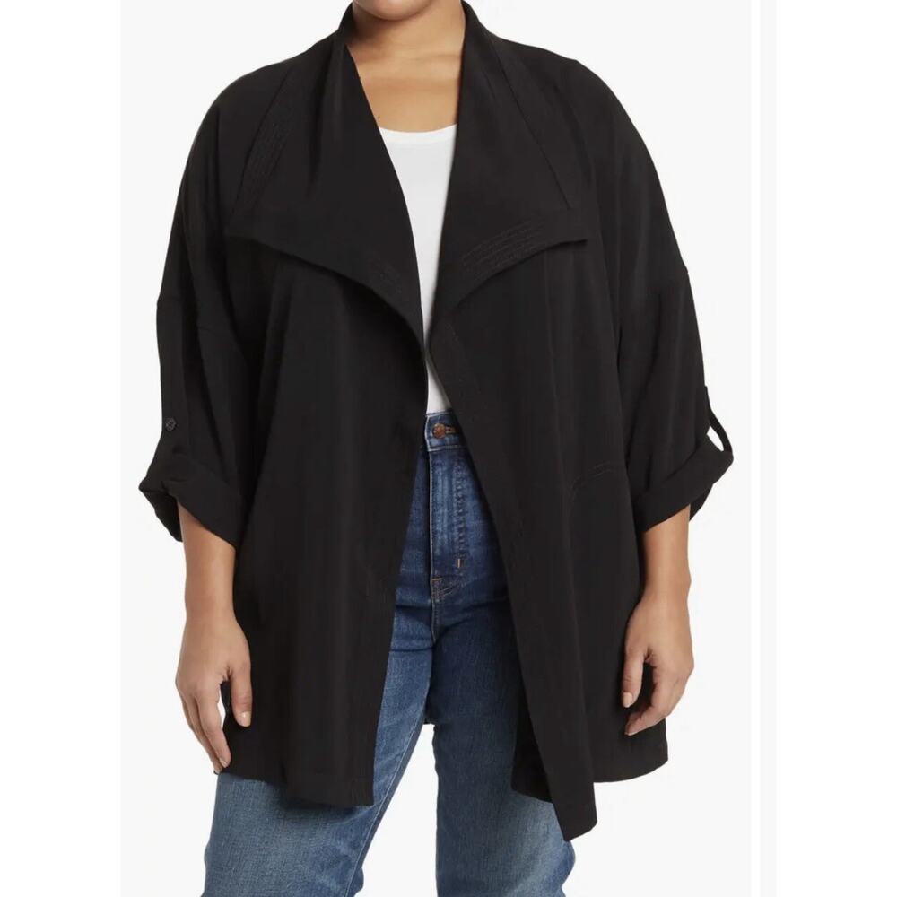 MAX STUDIO Draped Open Front Roll Sleeve Jacket Sz. 1X Black